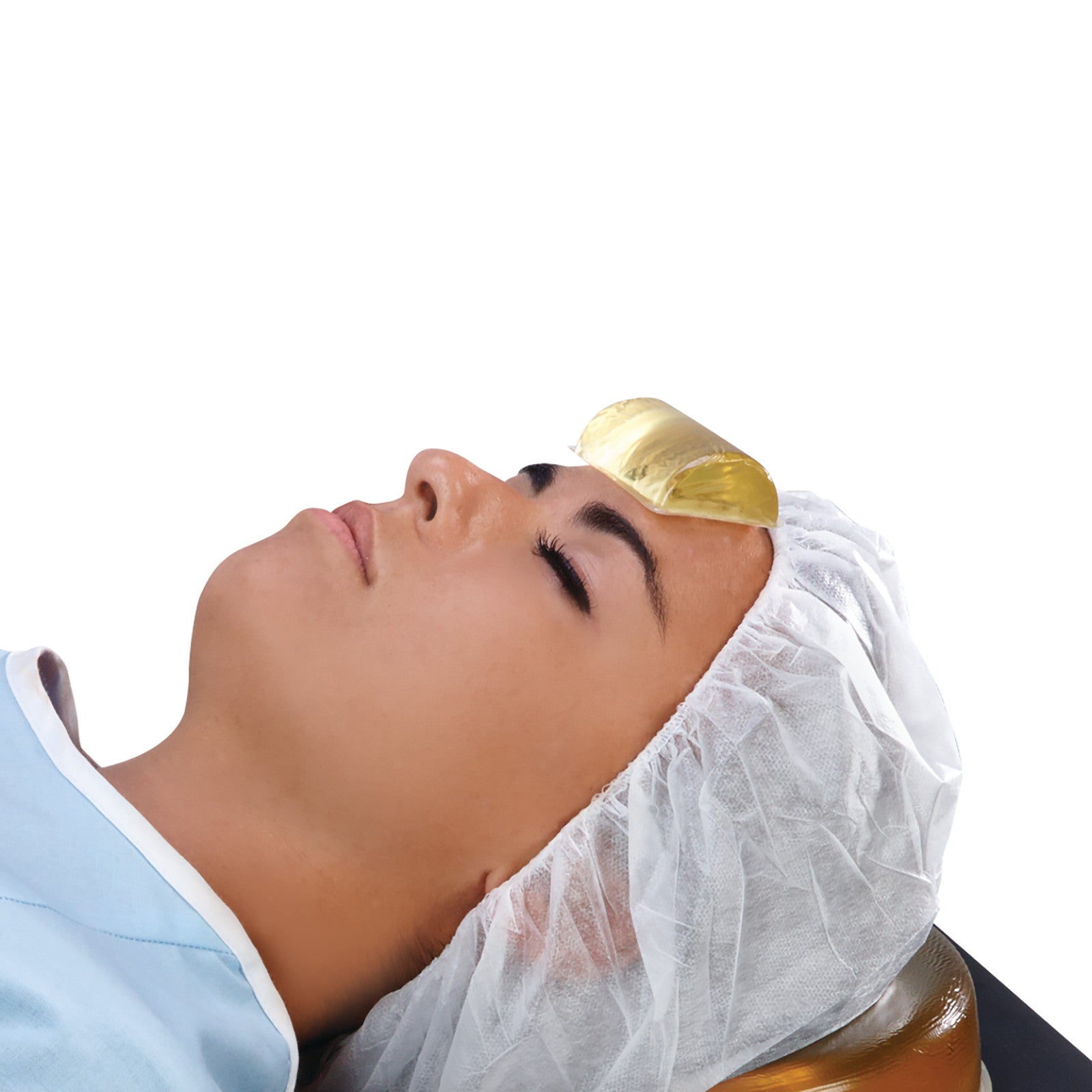 A patient with eyes closed wears a hairnet and has the AliMed AliGel Forehead Protector on their forehead, lying on a headrest.