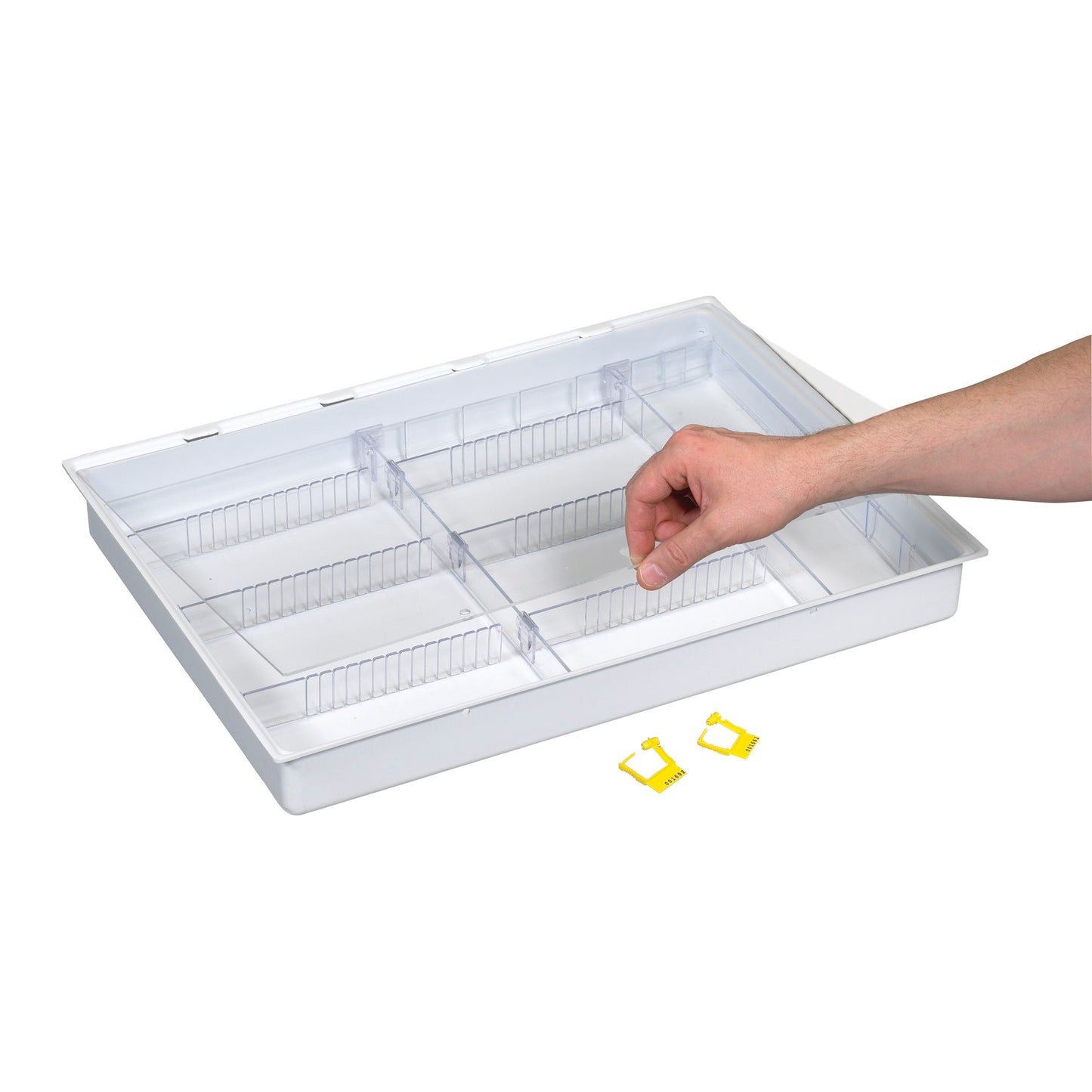 A hand arranges clear dividers in a white tray; the set is "AliMed Cart Accessory: Divider Set for Full Drawer Tray with Clear Lid and Lock."