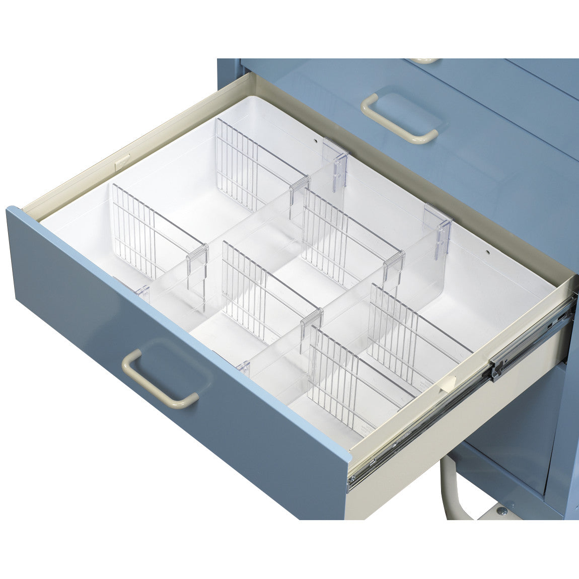 An open medical cart drawer with a clear plastic divider system, part of the AliMed Cart Accessory: Full Drawer Tray Kit collection.