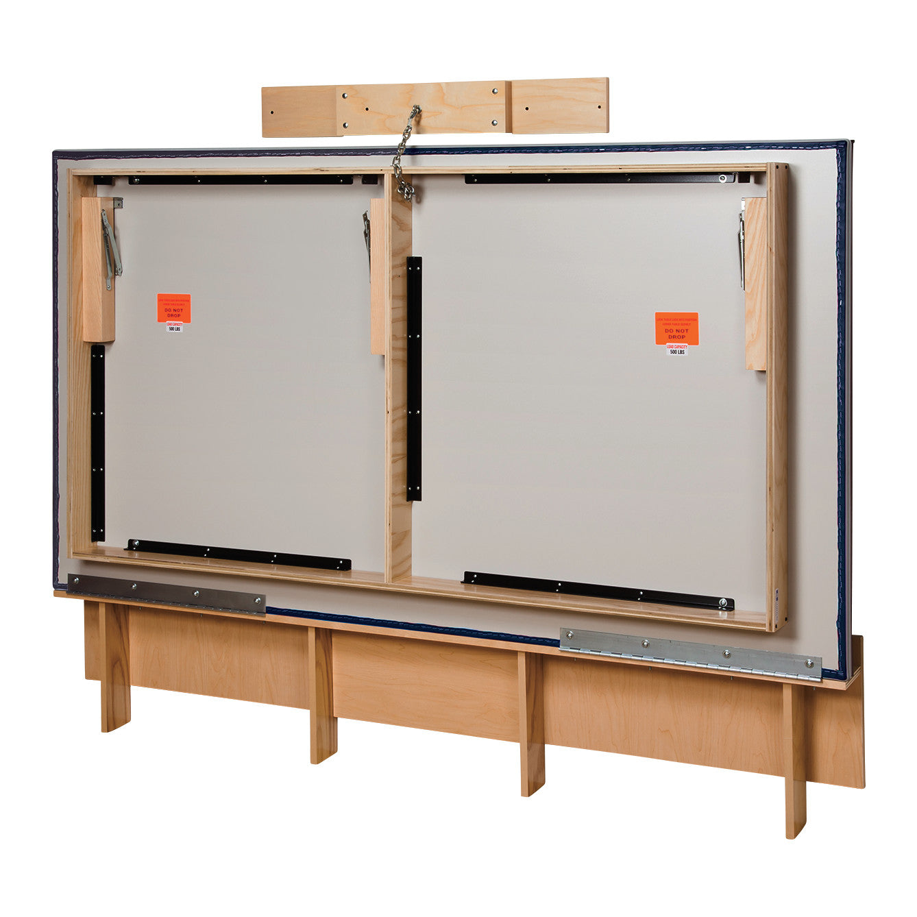 A Clinton Wall-Mounted Upholstered Mat Platform with a wooden frame and foldable mechanisms for easy storage.
