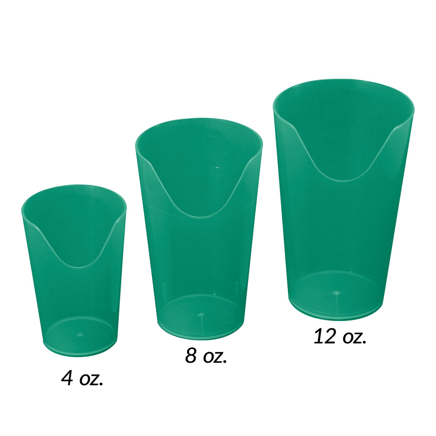 Three green Nosey Cutout Cups in 4 oz, 8 oz, and 12 oz sizes, shown from left to right. Each cup has a semicircular cutout.