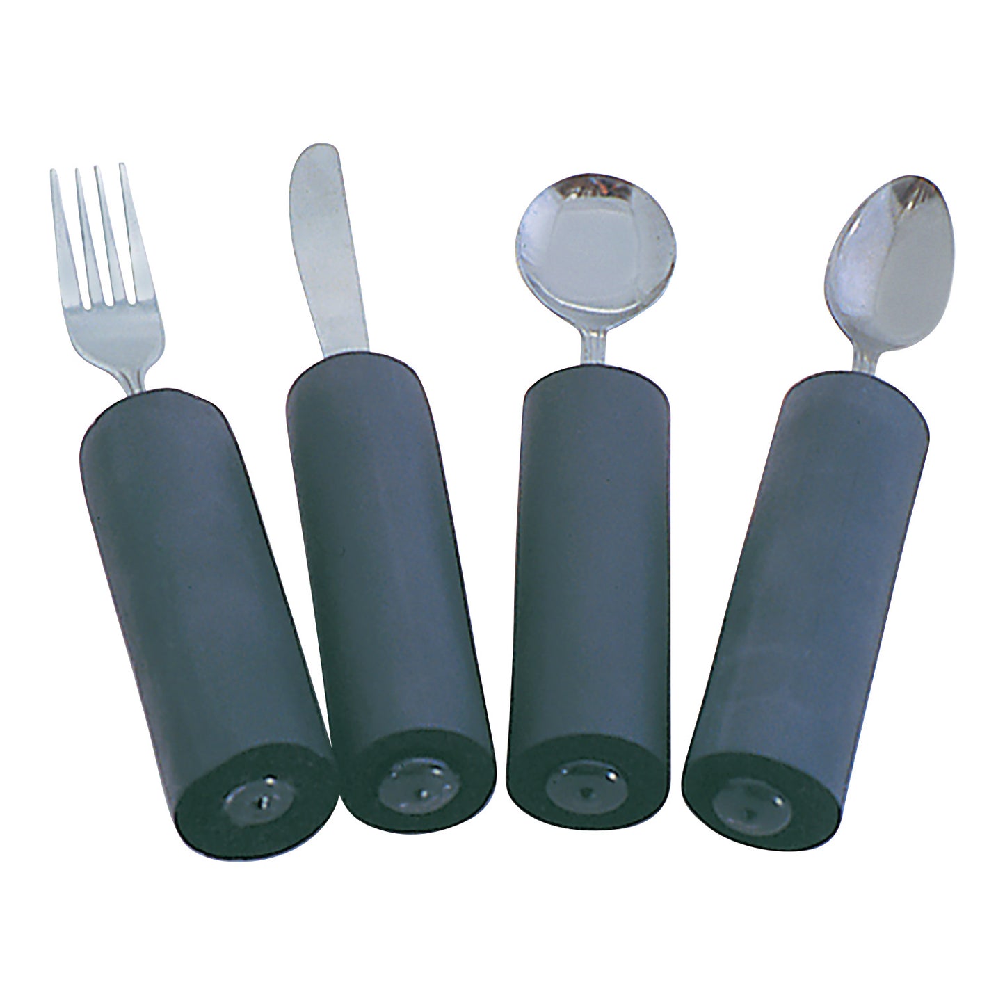 Four pieces of Soft Grip Flatware with large gray handles: a fork, knife, soup spoon, and teaspoon, designed for easy handling.