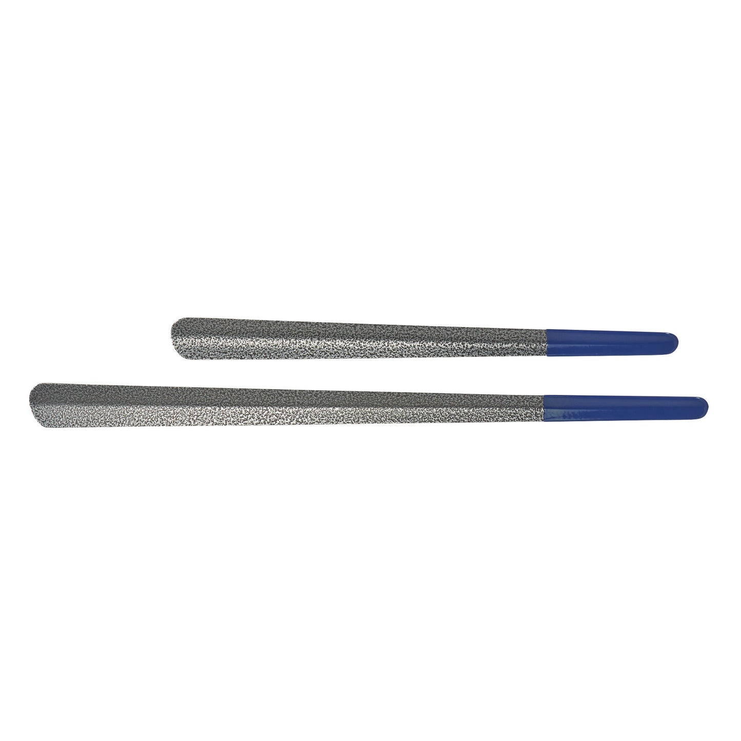 Two metal Easy-Slide Shoehorns with textured surfaces and blue handles are shown on a white background.