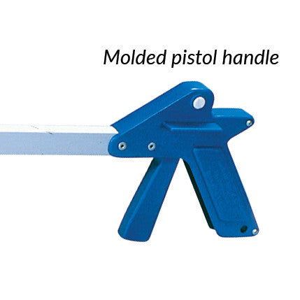 Close-up of the E-Z Reacher with Suction Cups featuring a molded pistol handle in blue.