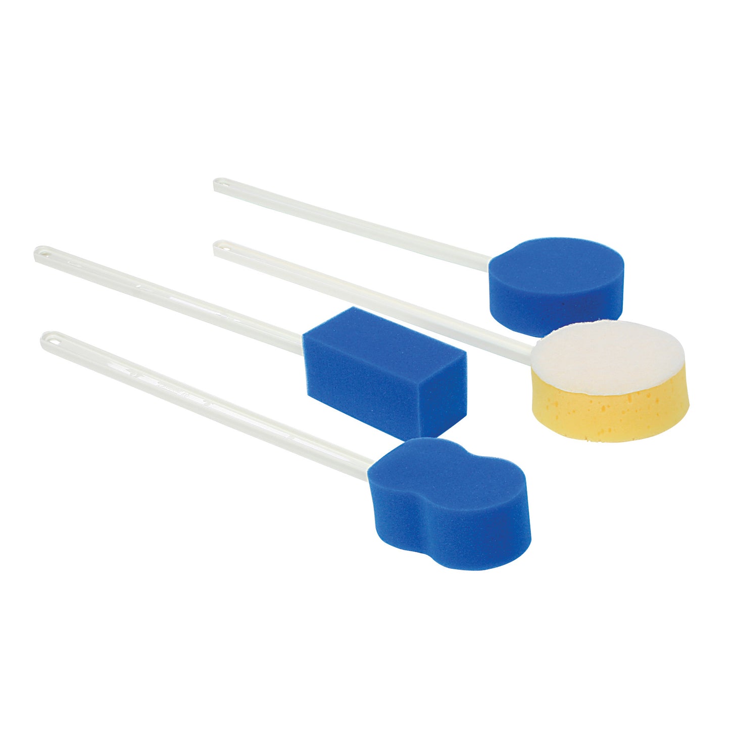 Four AliMed Scrub Pals Scrub Brushes with blue sponge heads and white handles. Each brush has a different shaped head.