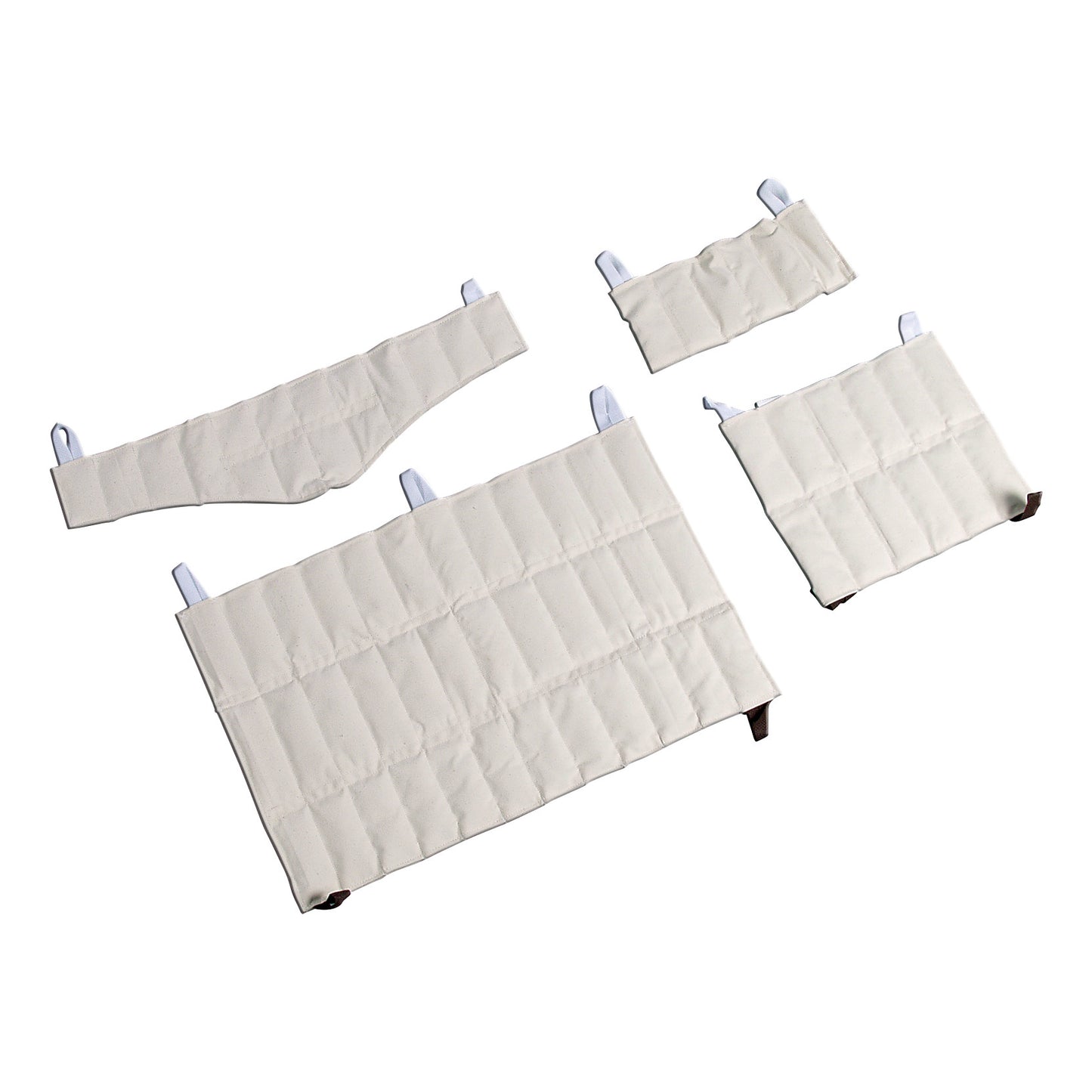 Four beige AliMed Hot Packs of varying sizes are arranged on a white background.