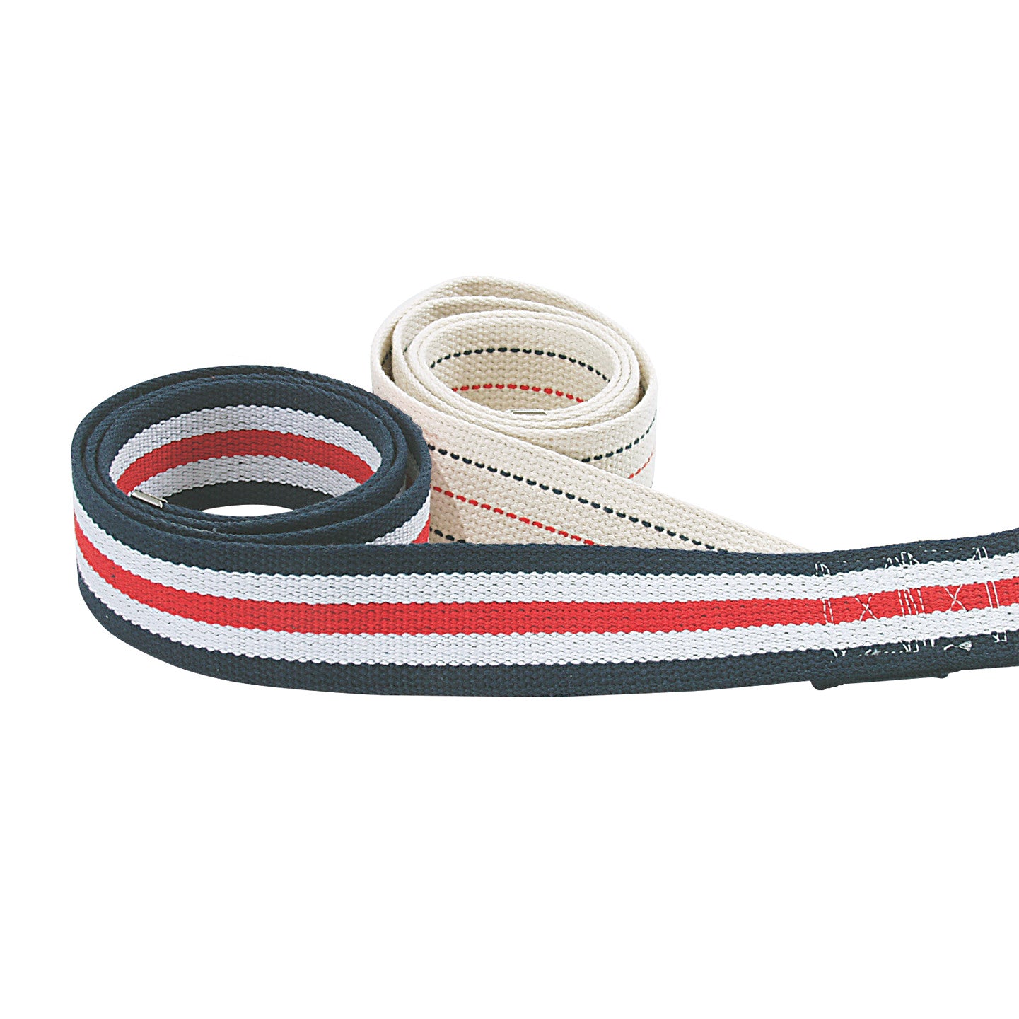 Two AliMed Gait Belts are shown, one with red, white, and blue stripes, and one in beige with black and red stitching.
