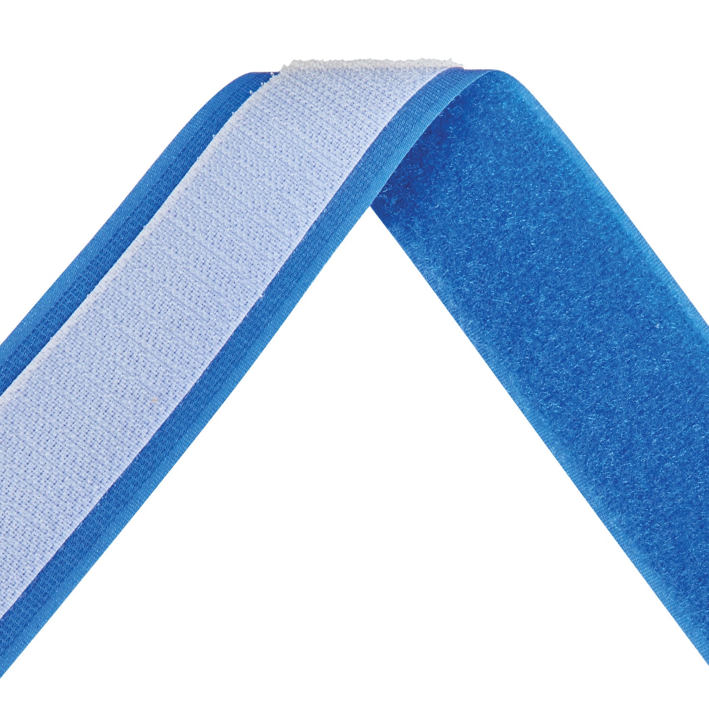 An AliMed AliStrap Positioning Strap with a blue hook and loop fastener, displayed in a V shape against a white background.