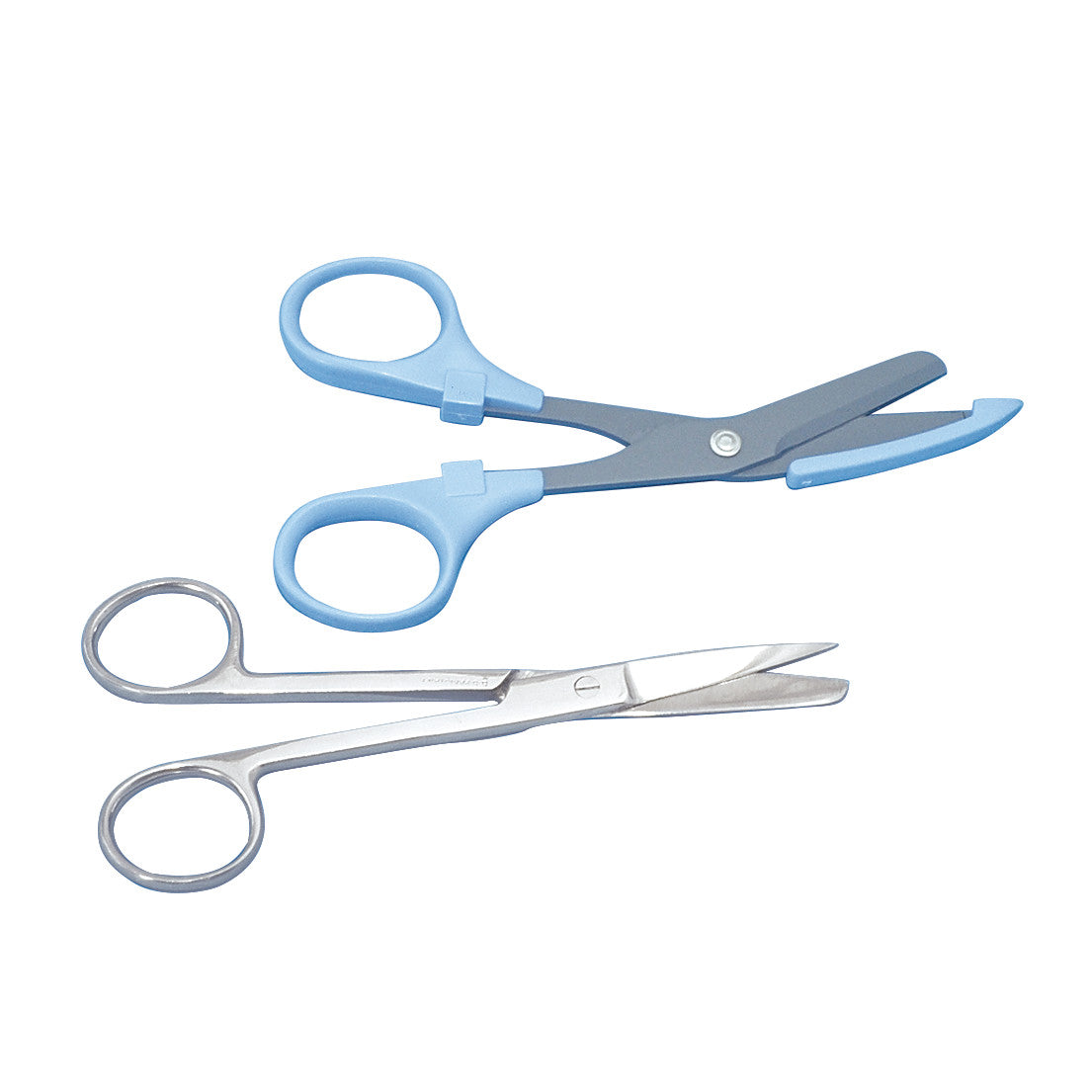 Two pairs of dressing scissors are shown. One has blue handles and plastic-covered blades; the other is all-metal.