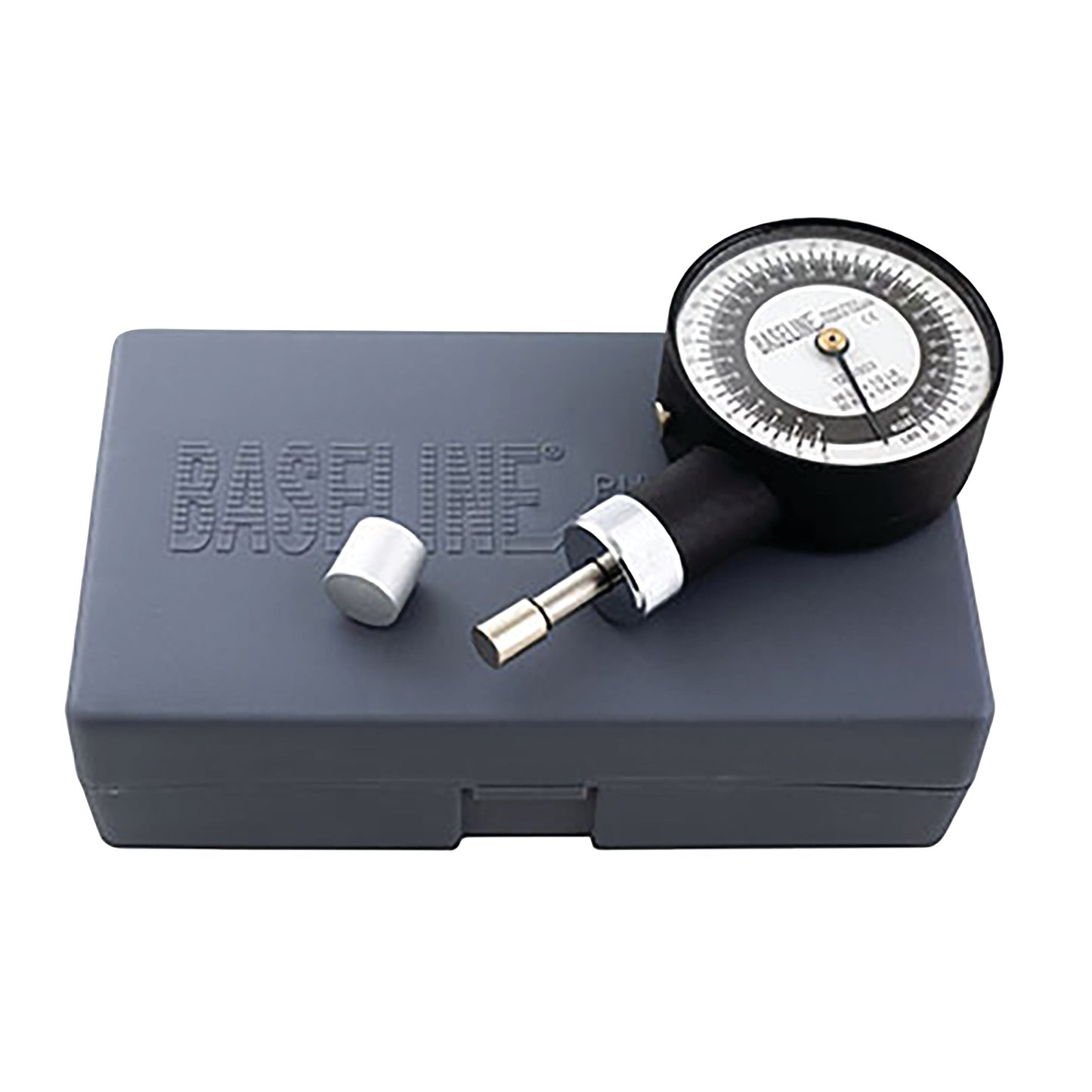 A Baseline Mechanical Push/Pull Dynamometer with a gauge, against a gray carrying case, on a white background.
