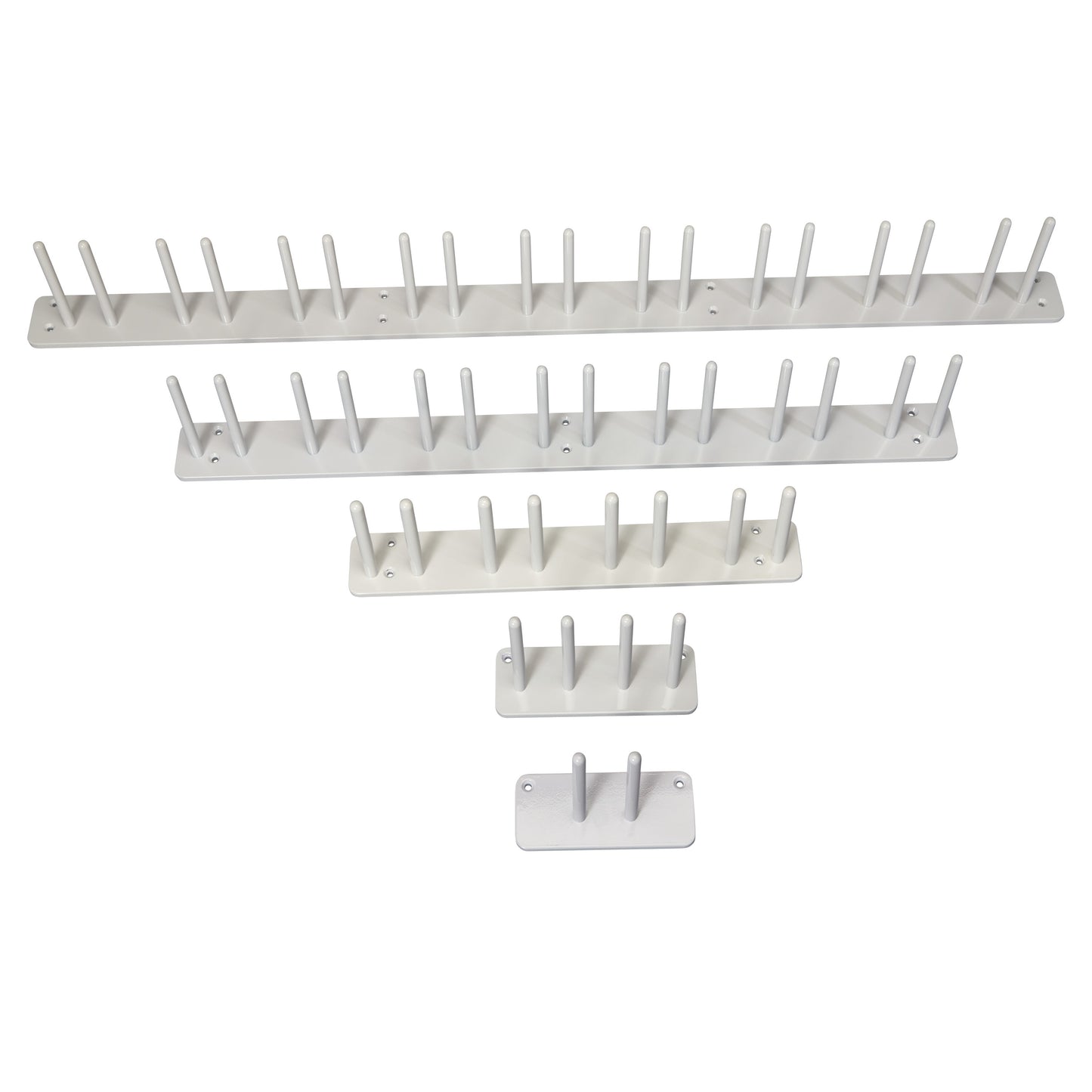 Five sizes of AliMed Wall Apron Rack in white, featuring pegs for hanging and wall-mounting holes.