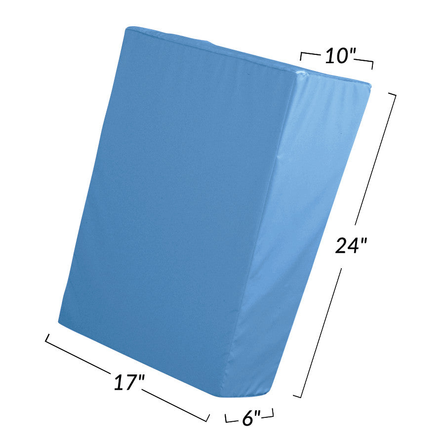 The AliMed AP Upright Positioner, a blue foam wedge with dimensions: 24" high, 17" wide, and 6" to 10" deep.