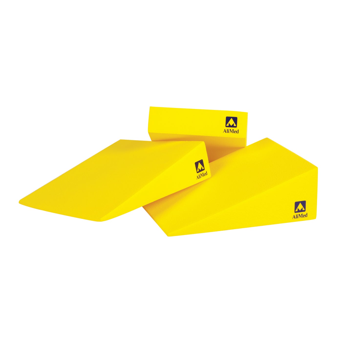 The AliMed Protecta-Coat Positioning Set, featuring three bright yellow foam wedges with AliMed logos on them.