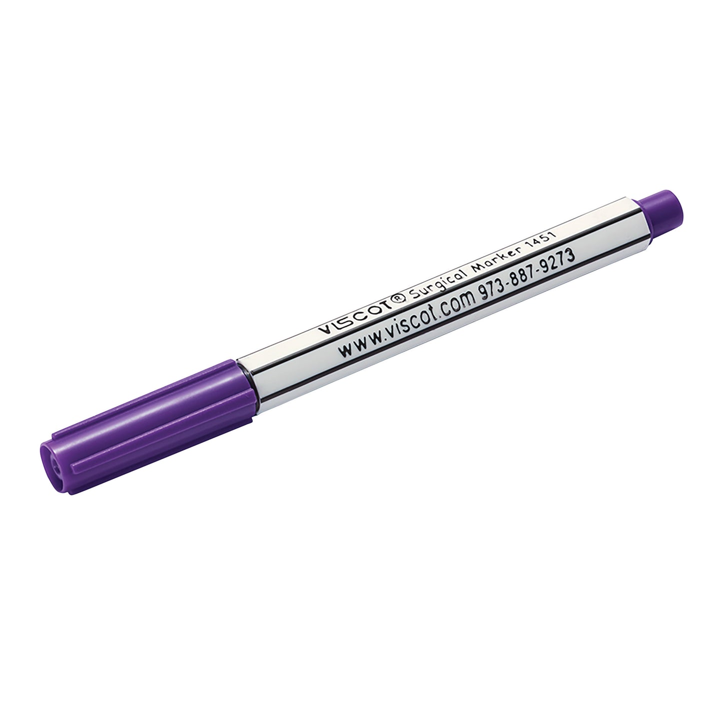 A Viscot Mini Pre-Surgical Skin Marker with a purple cap and text on the white barrel showing contact information.