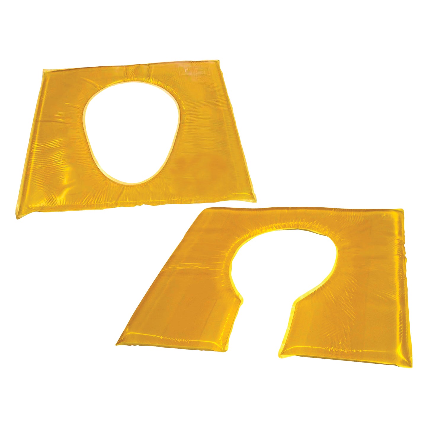 Two Action Gel Commode Seat Pads are shown. They are rectangular with a central circular cutout and are yellow in color.