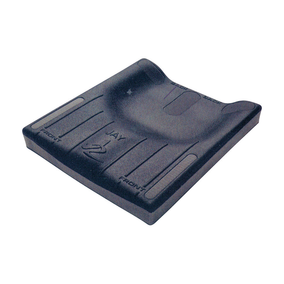 A black Jay J2 Wheelchair Cushion with contoured seating and text indicating the front direction.