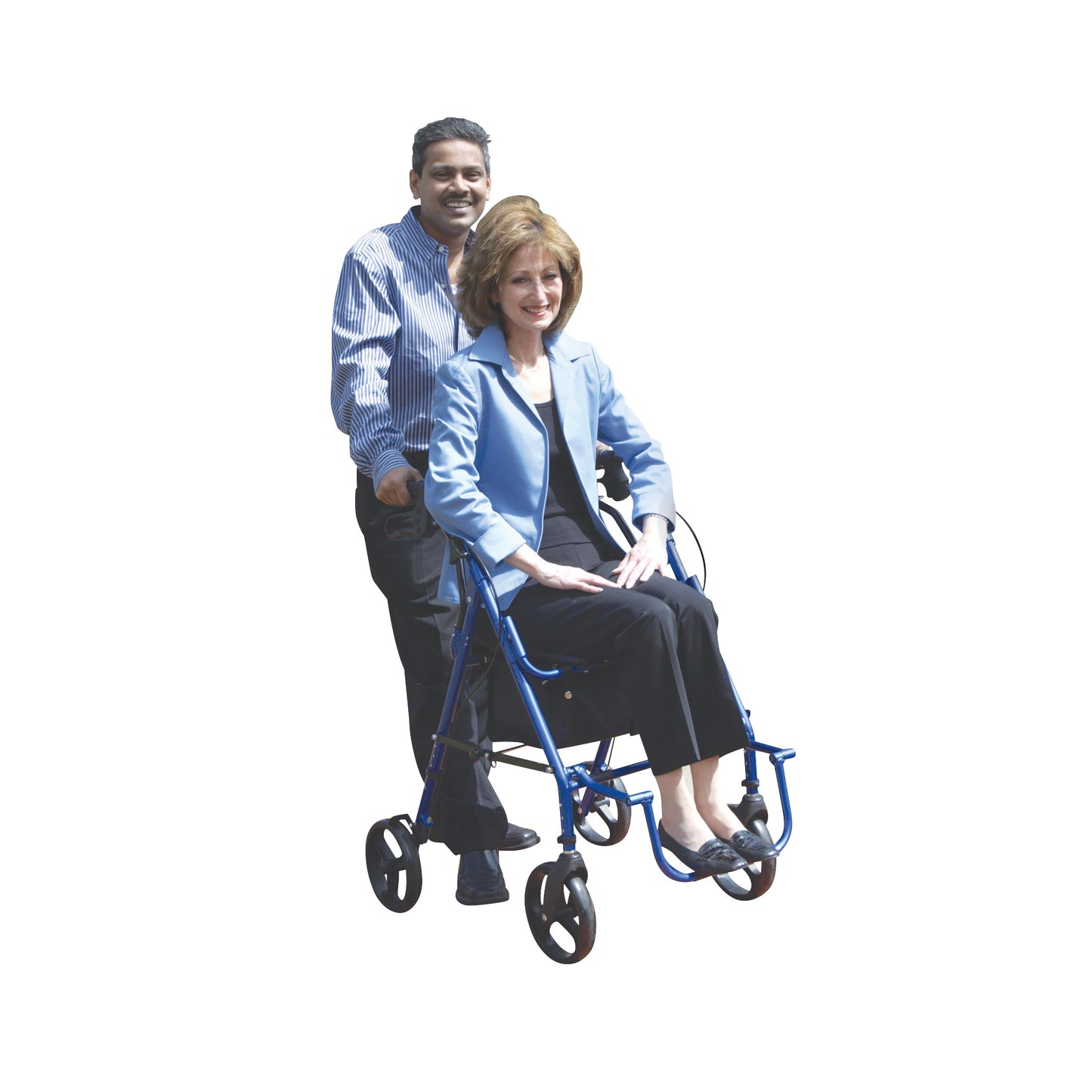 A woman on the Drive Medical The Duet Transport Chair and Rollator, assisted by a man, both smiling against a white background.