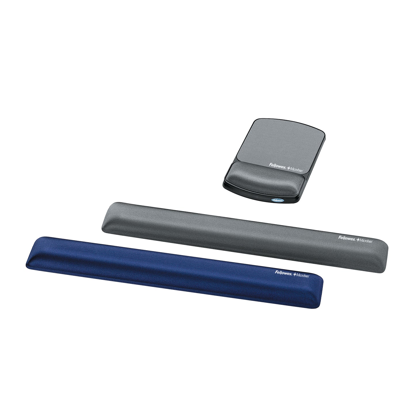 Three Fellowes Gel Wrist Rests with Microban, in blue and gray, are shown for keyboard and mouse support.