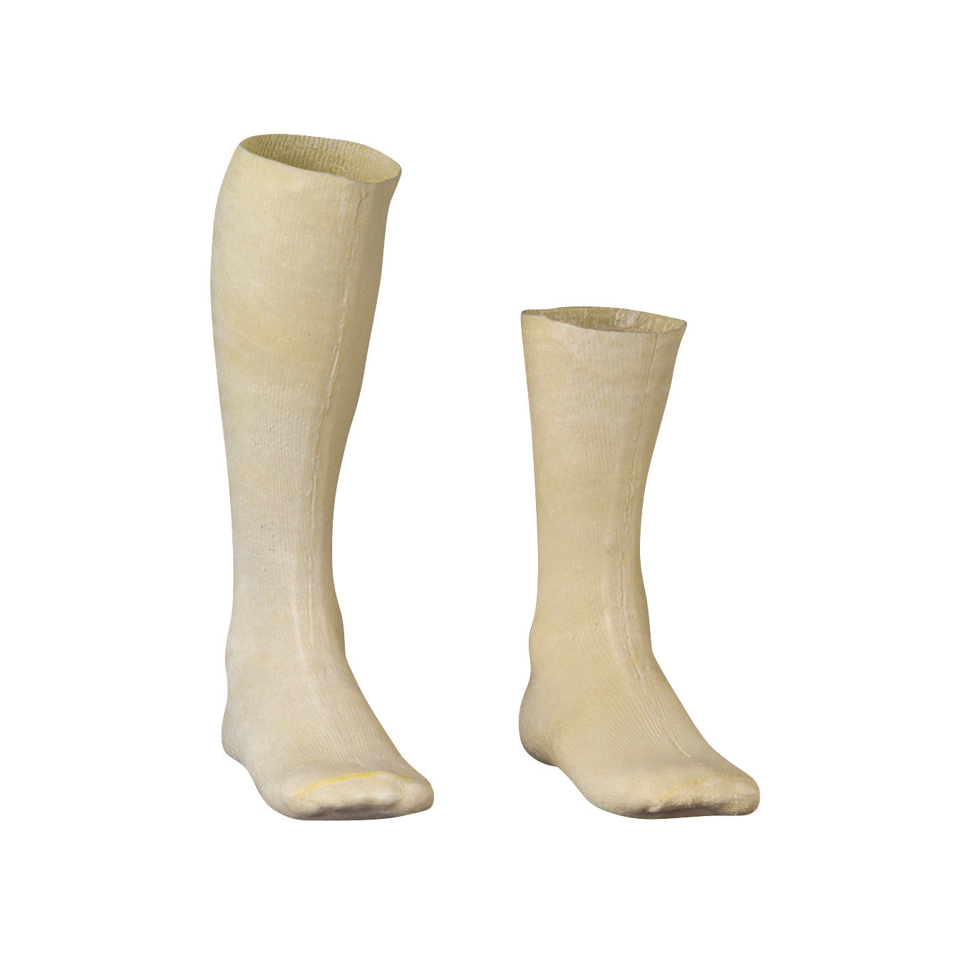 Two STS Fitted Polyester Casting Socks, one longer, in beige, are displayed upright against a plain white background.