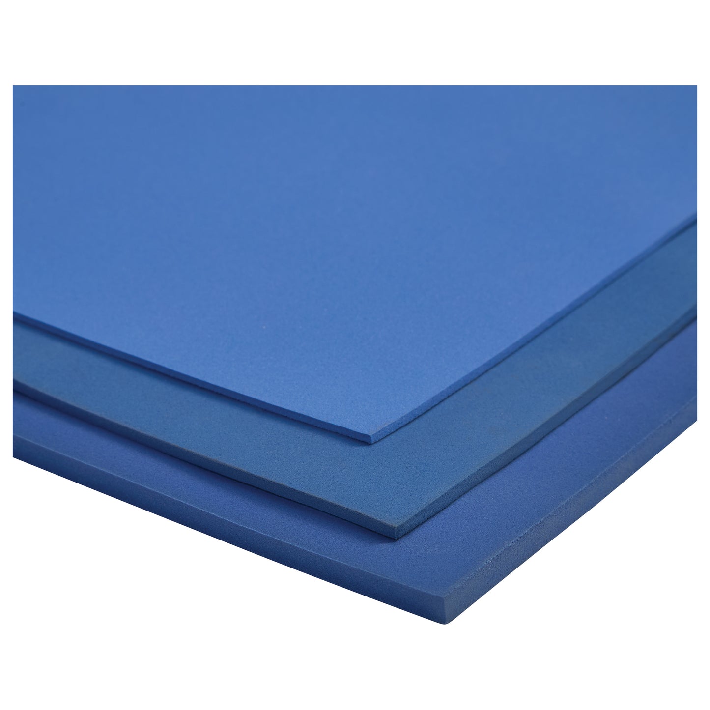 Three sheets of Genuine Smooth/Abraded PPT Blue Orthotic Material stacked, displaying different shades of blue.