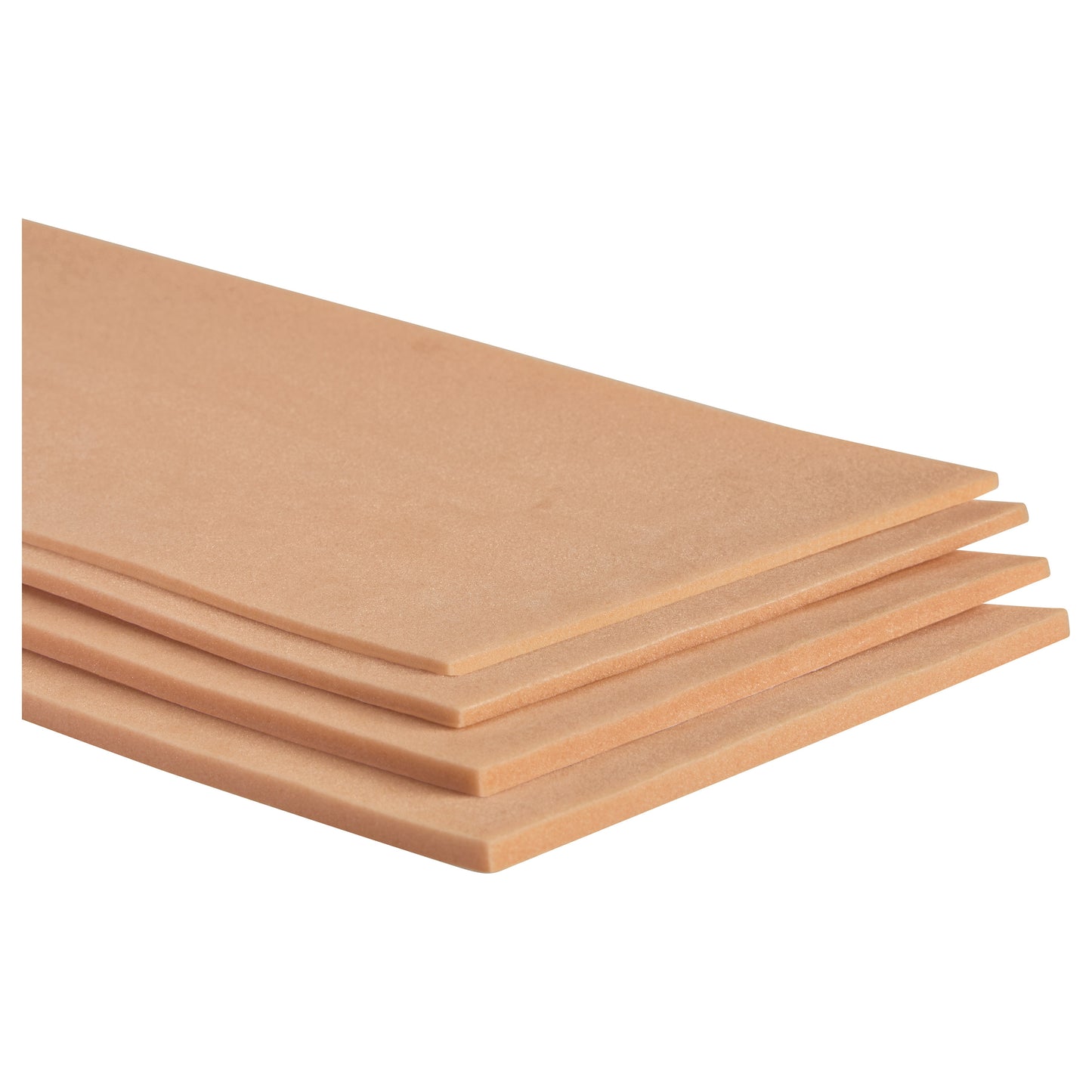 AliMed Plastazote Self-Stick Padding sheets stacked at an angle, beige in color, displaying smooth surfaces and uniform thickness.