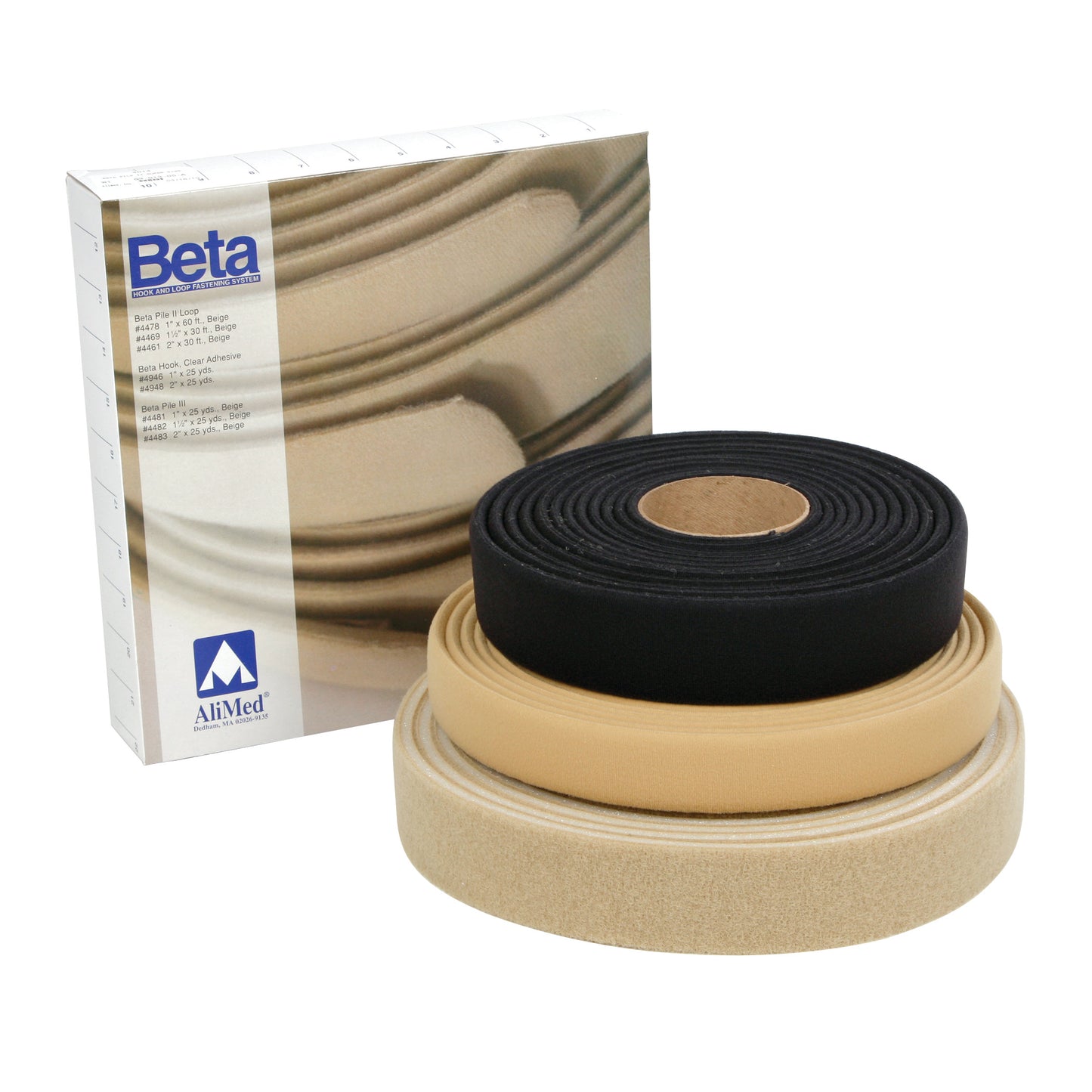 AliMed Beta Pile II Loop features a box and three rolls of loop material in black, beige, and tan, used for securing straps.