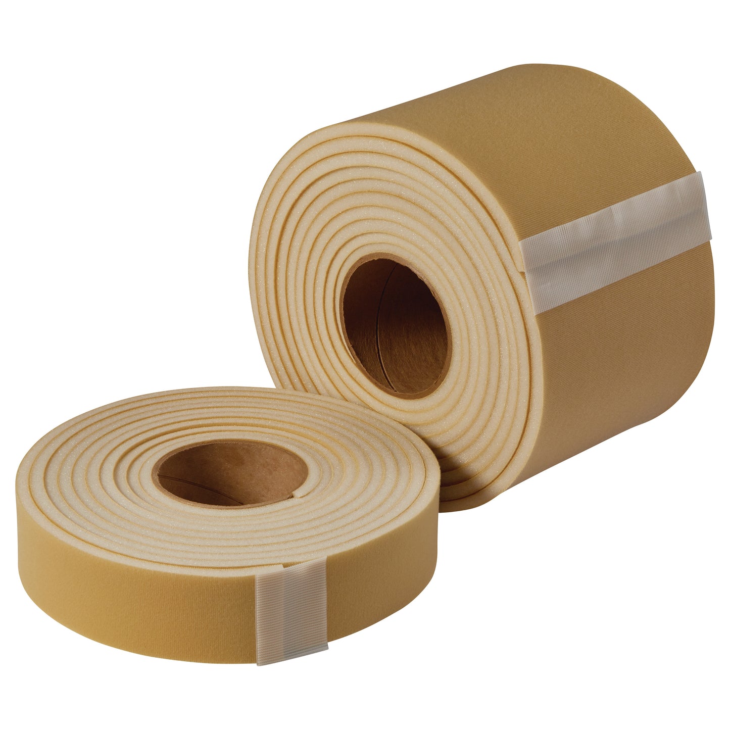 Two rolled Velfoam #2 Padded Loop strips, beige in color, with one standing upright and the other lying flat.