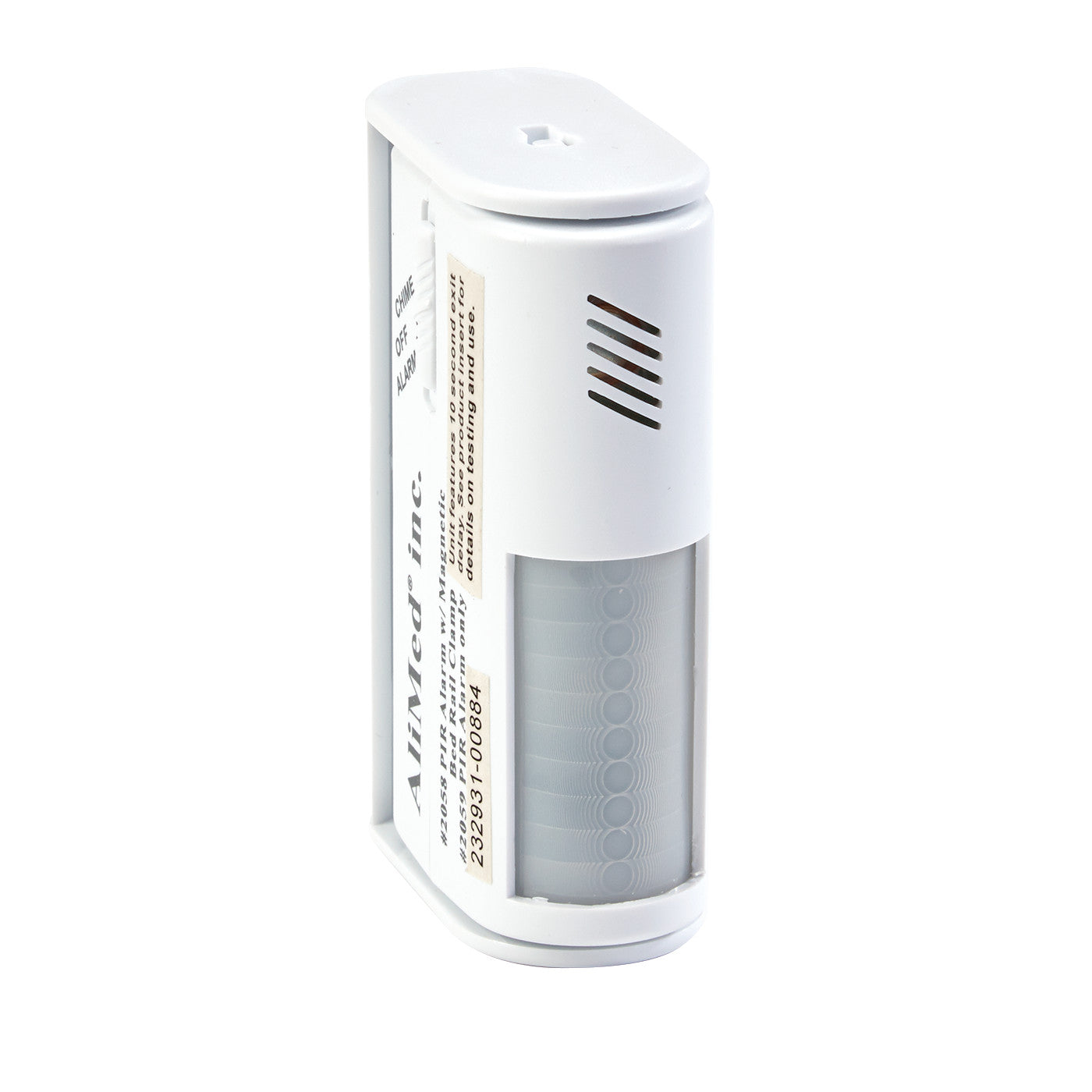 An AliMed Motion Detection Local Alarm with Bed Rail Clamp, featuring a white rectangular design with vents on the side.