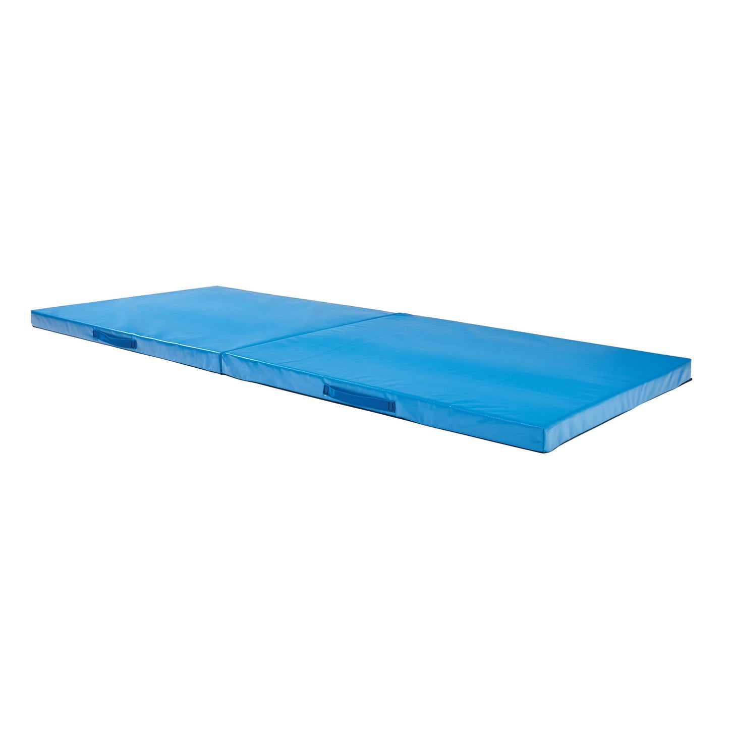An AliMed Folding Multifunction Mat, a blue padded mat with two folding sections and handles on the side.