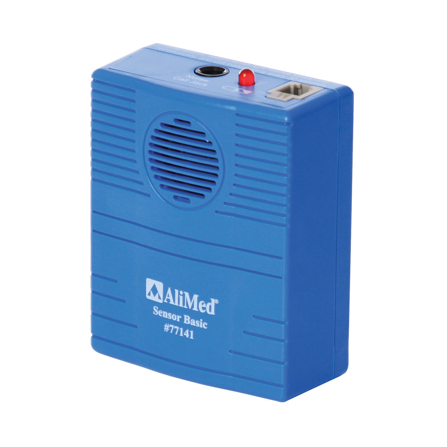 A blue AliMed Basic Sensor Alarm with a speaker, red alert light, and connection port. Model number 77141 is visible on the front.