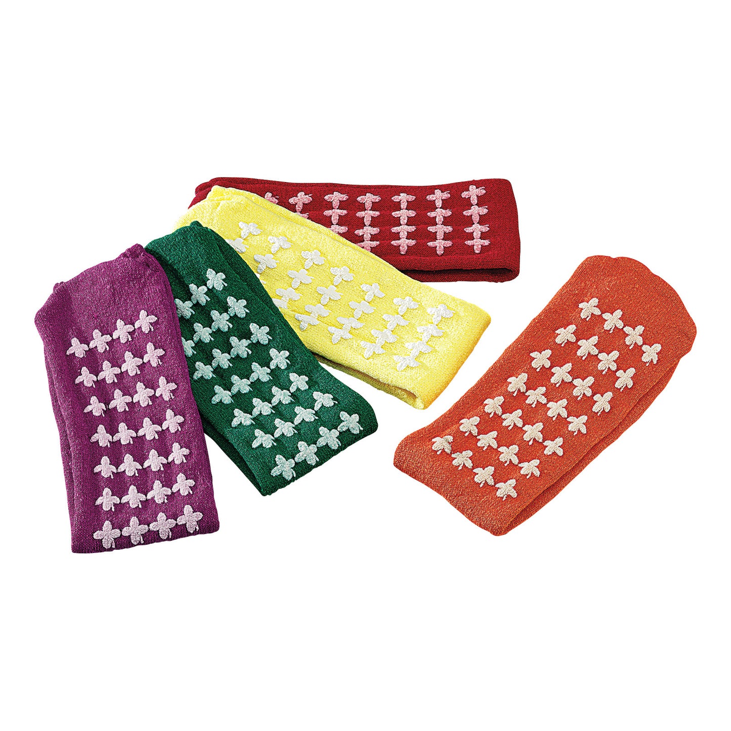 Five colored Posey Fall Management Socks with white rubber grips are arranged side by side.