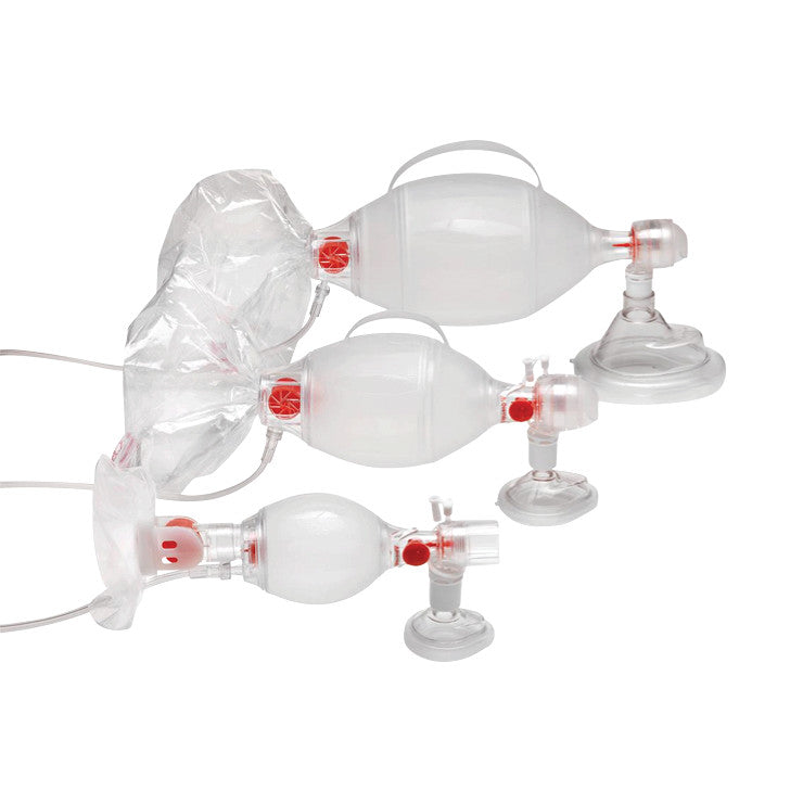 Image of Single-Patient-Use Ambu-Bags/Manual Resuscitator, showing three sizes with clear masks and squeeze bags for resusci.