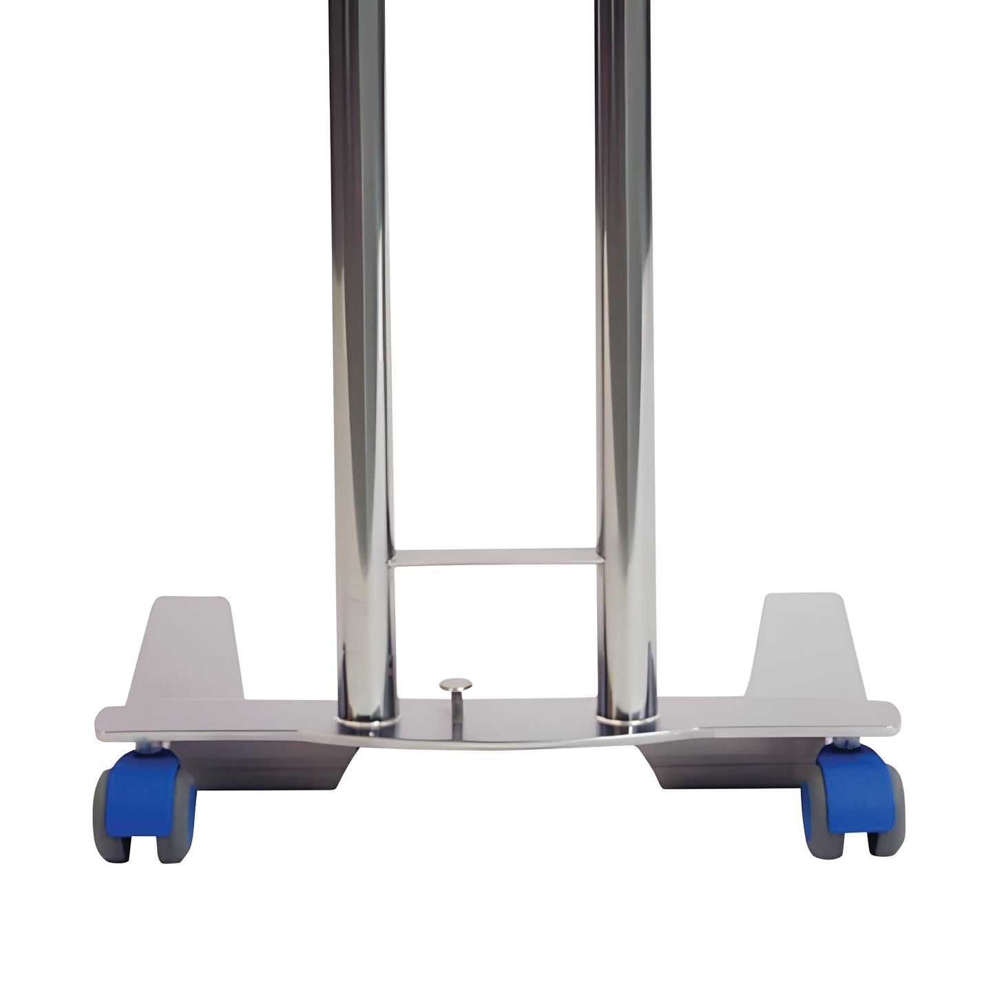 The base of the Pedigo Double-Post Mayo Stand with chrome posts and blue wheels on a flat metal platform.