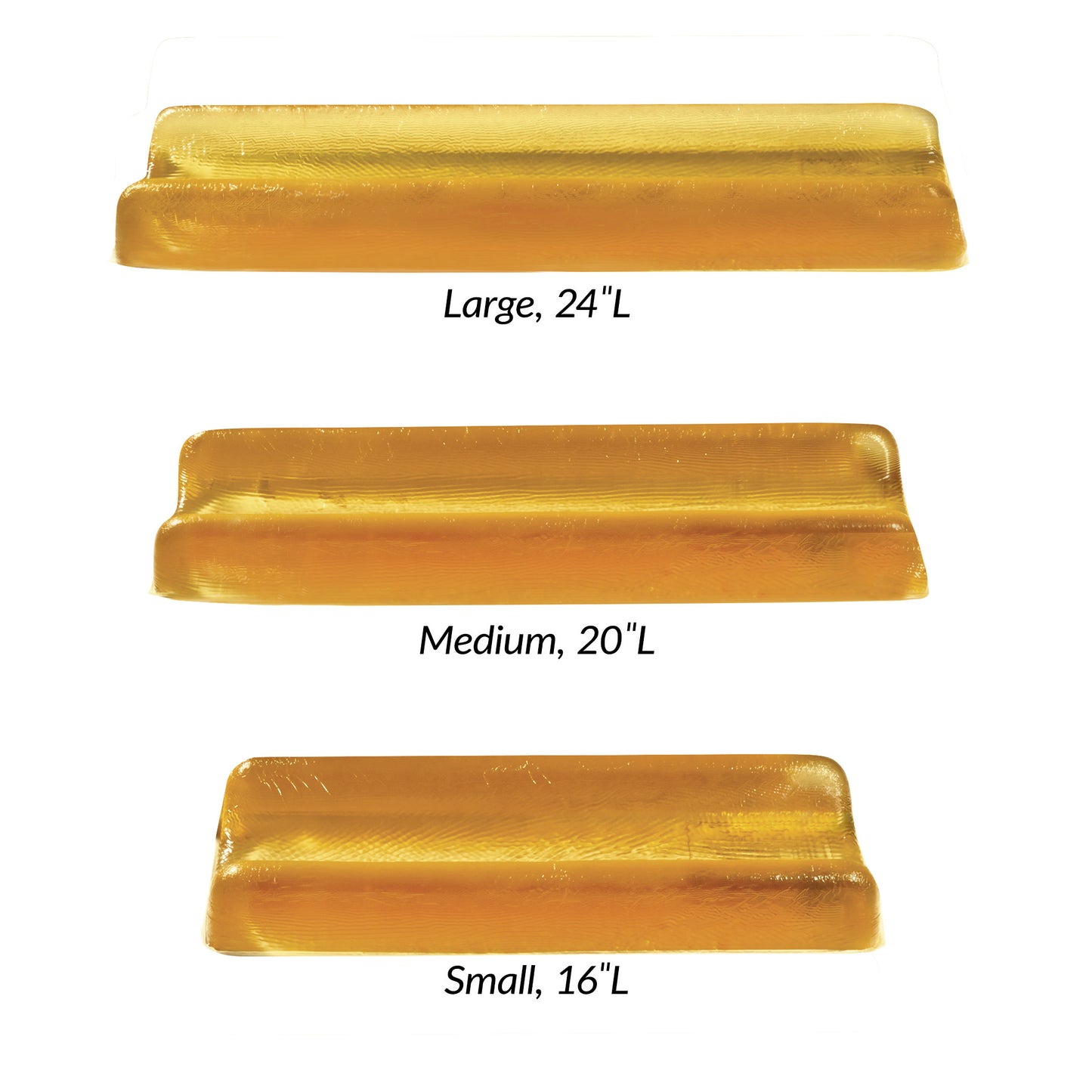 Three AliMed AliGel Contoured Armboard Pads in gold, labeled by size: Large 24" L, Medium 20" L, and Small 16" L.