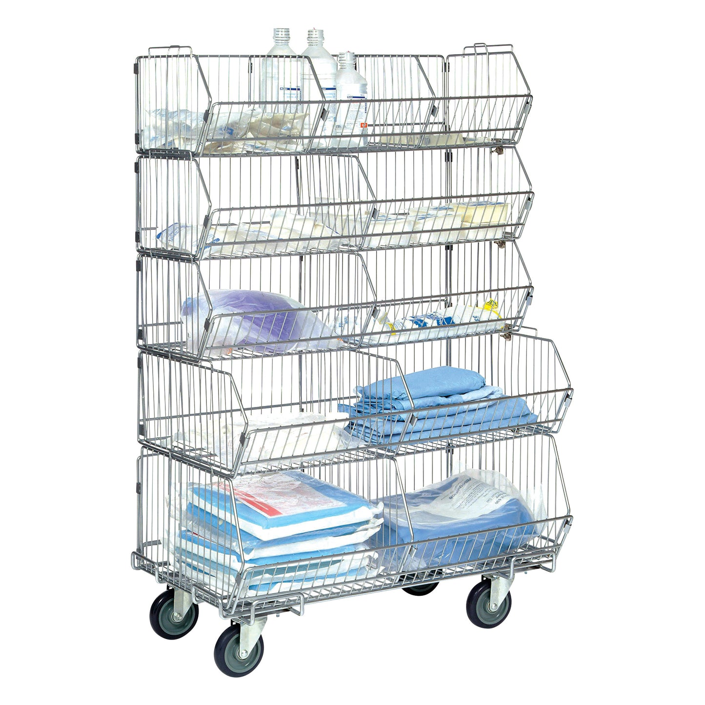 Wire Bin for Nexel Wire Bin Shelving, featuring a multi-tiered design with items like bottles and folded linens on wheels.