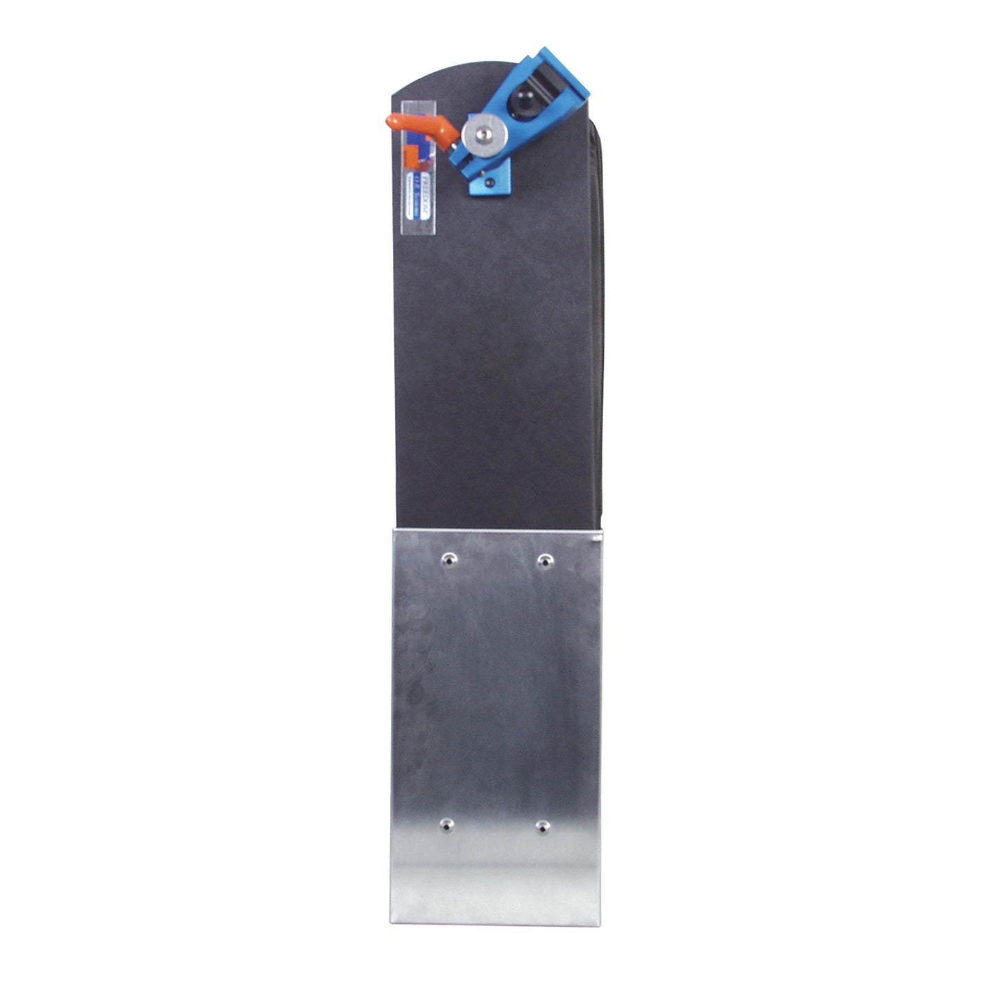 An AliMed Armboard Holder with a metallic panel and a blue and orange adjustment mechanism on top.