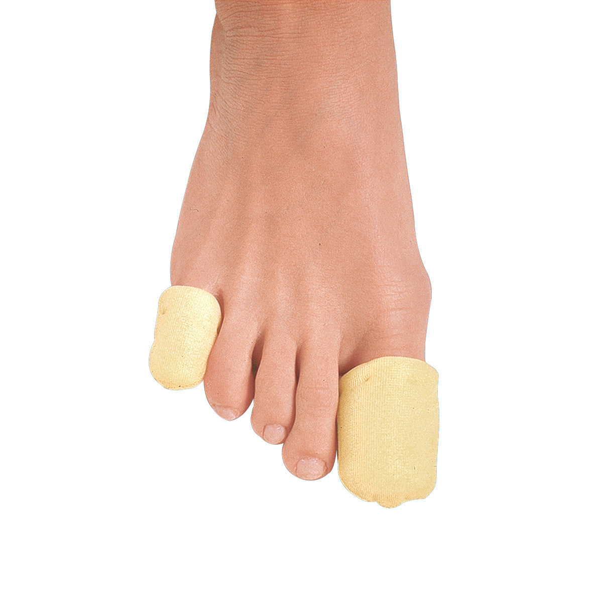 A foot wearing PediFix Polyfoam Nylon-Covered Toe Caps on the second and fifth toes for protection and cushioning.