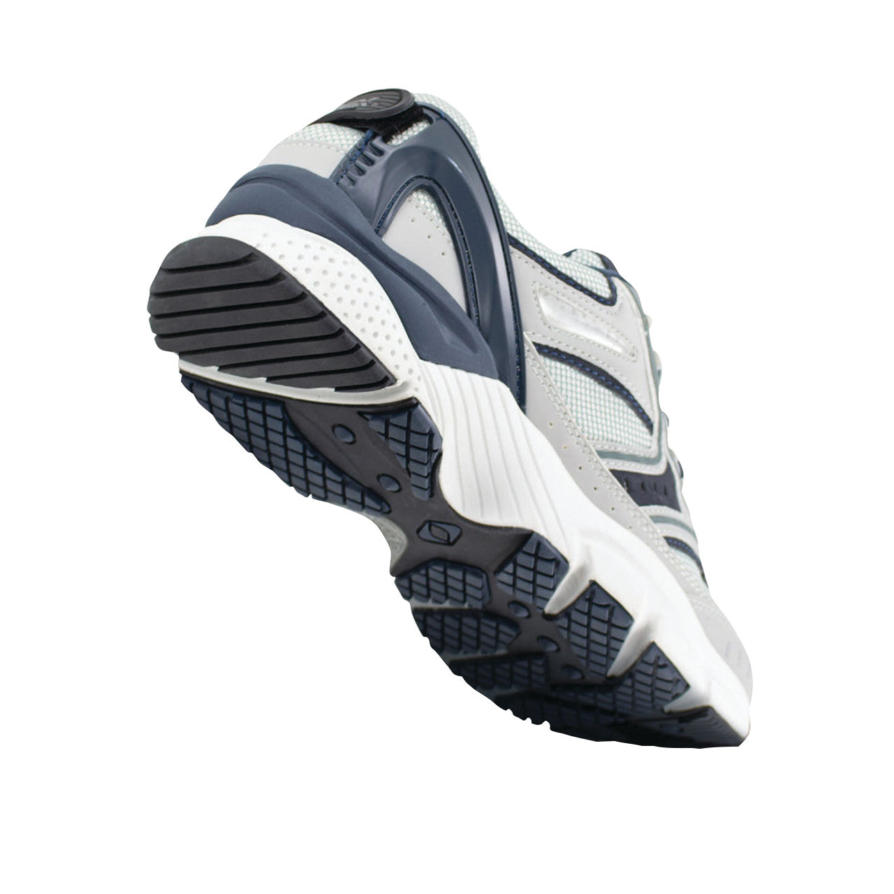 Apex X-Last Men's Rhino Runner Active Shoes shown from a low angle, highlighting the textured sole and gray-white color scheme.