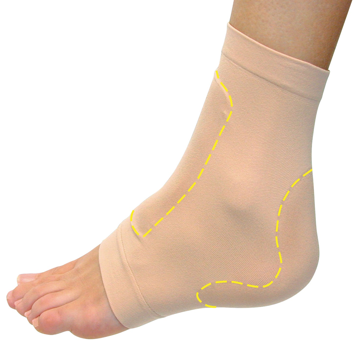 Foot wearing a PediFix Visco-GEL Achilles/Dorsum Protection Sleeve, shown in beige with yellow stitching highlighting the design.
