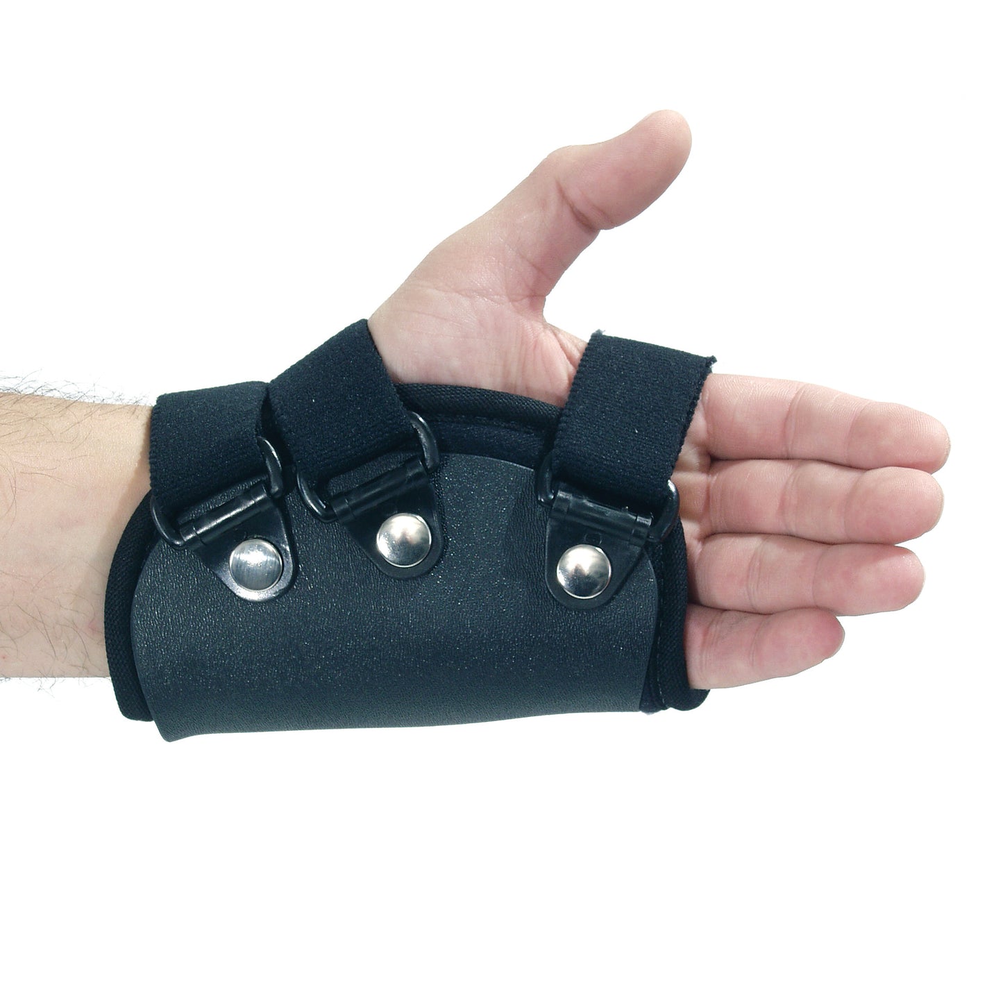 A hand wearing the AliMed FREEDOM Comfort Boxer's Fracture Orthoses with MP Extension. It features two straps and metal snaps.