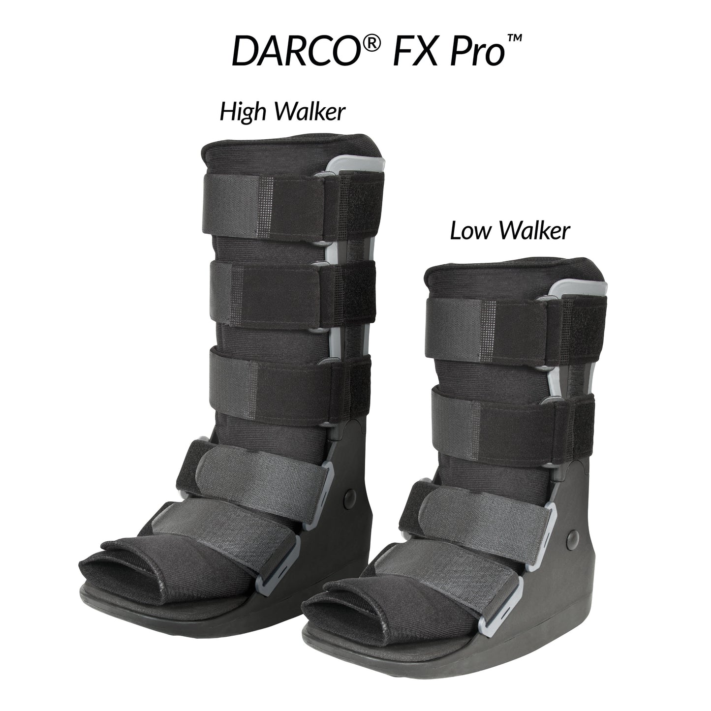 Two orthopedic boots, "DARCO FX Pro High Walker" and "Low Walker," are shown. The Low Walker boot is shorter in height.