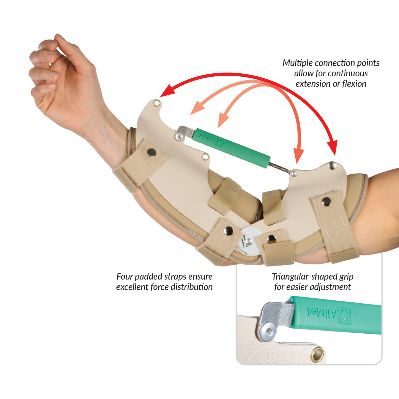 The AliMed Elbow Turnbuckle Orthosis on an arm. It has adjustable straps and a green turnbuckle for movement.