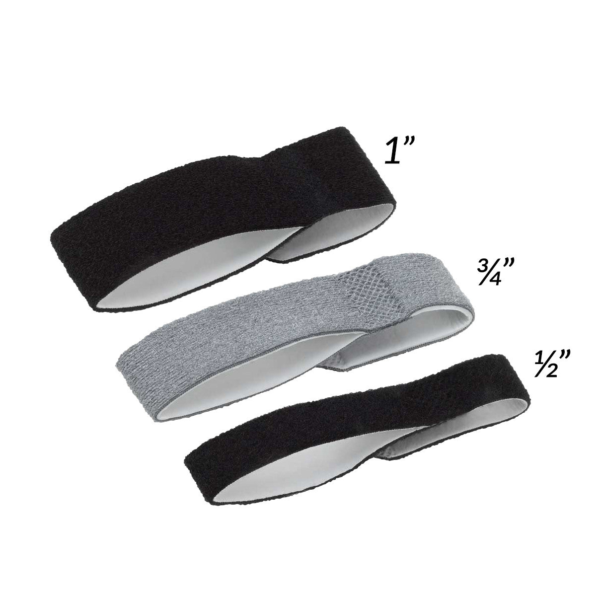 Three 3pp Buddy Loop Finger Splints in black and gray, shown in sizes 1 inch, 3/4 inch, and 1/2 inch.