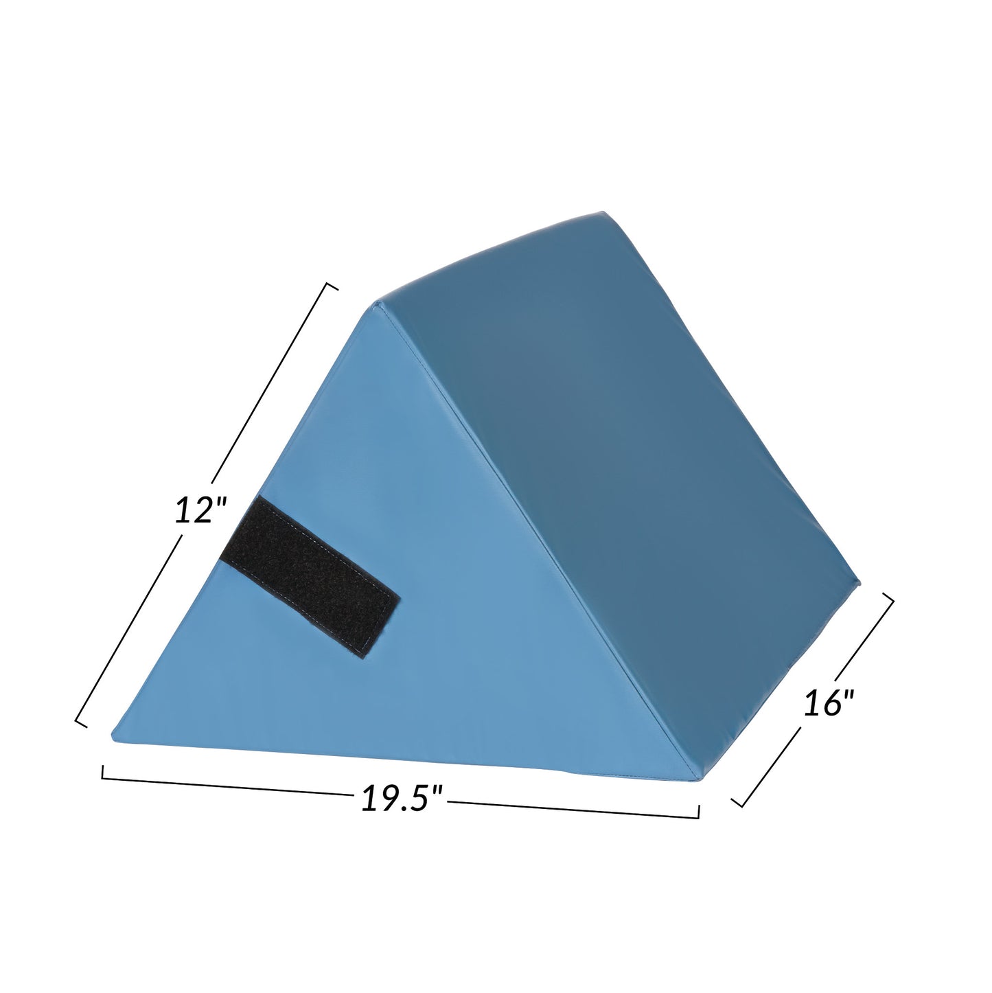 The AliMed Knee Bolster and Extension Set, a blue, triangular cushion with dimensions: 19.5" by 16" by 12".