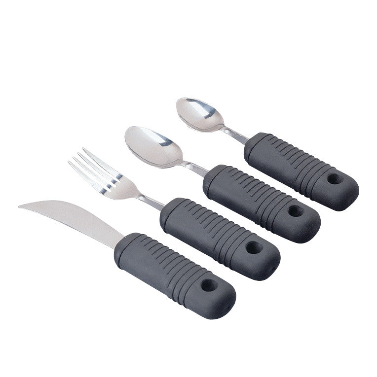 Four AliMed Bendable Utensils are shown: a knife, fork, tablespoon, and teaspoon, each with a thick, black, ribbed handle.