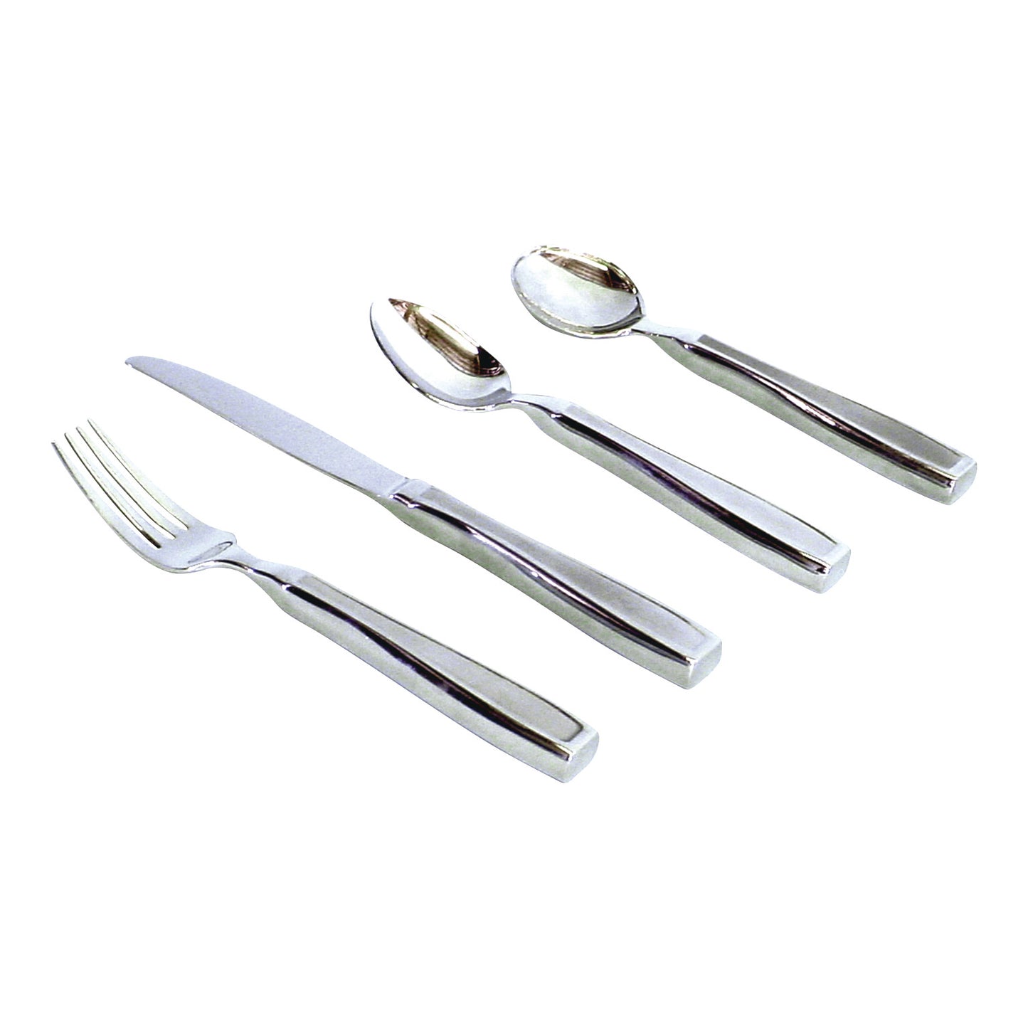 A set of four stainless steel Weighted Utensils, including a fork, knife, tablespoon, and teaspoon, with thick, contoured handles.