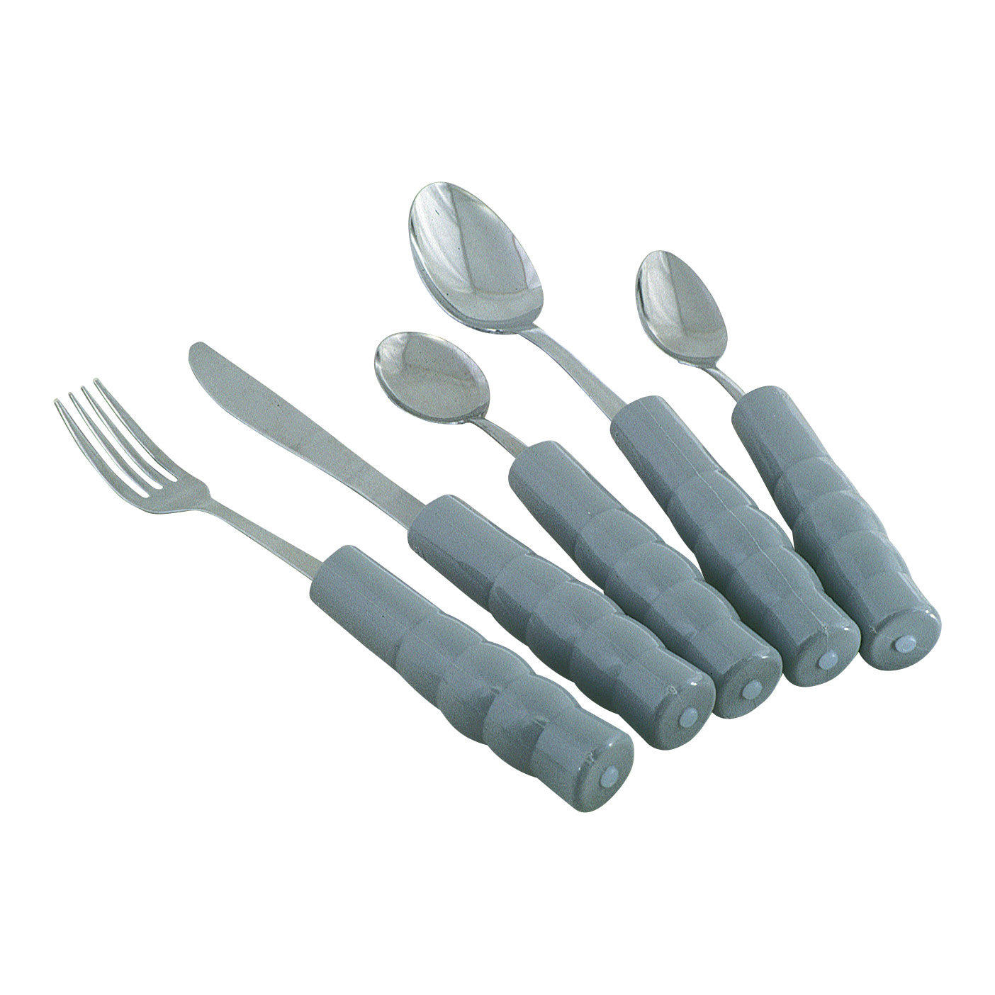 Therafin Weighted-Handle Flatware set includes a fork, knife, and three spoons, all with gray ergonomic handles.
