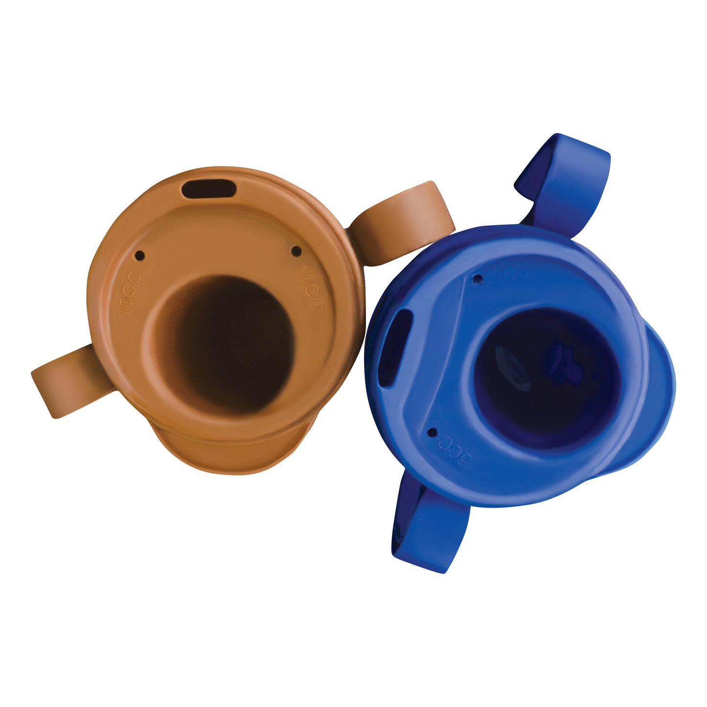 Top view of Provale Cup showing the lids, one in brown and one in blue, with handles visible.