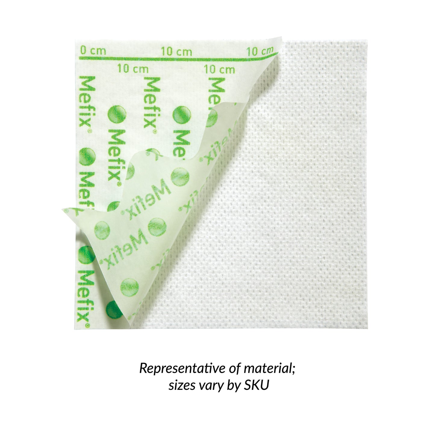 Molnlycke Mefix Dressing, shown with a corner peeled back. It's white with a green grid and logo. Sizes vary by SKU.