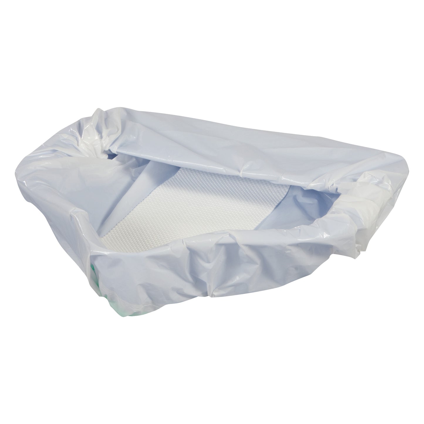 The AliMed Comfortable Bed Pan, which is covered with a smooth, light-colored disposable liner.